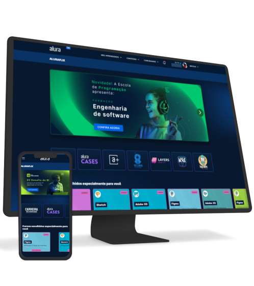 Um monitor e um celular com o Alura Plus aberto